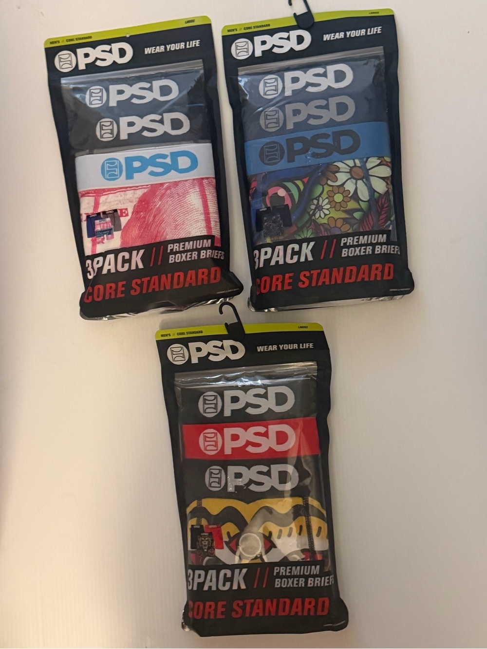 PSD 3-Pack Boxer Briefs - Black, White, Blue, Red, Pink, Yellow, Green